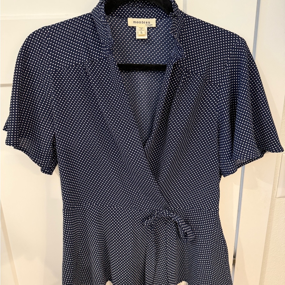 Monteau Navy White Polka Dot Wrap Blouse